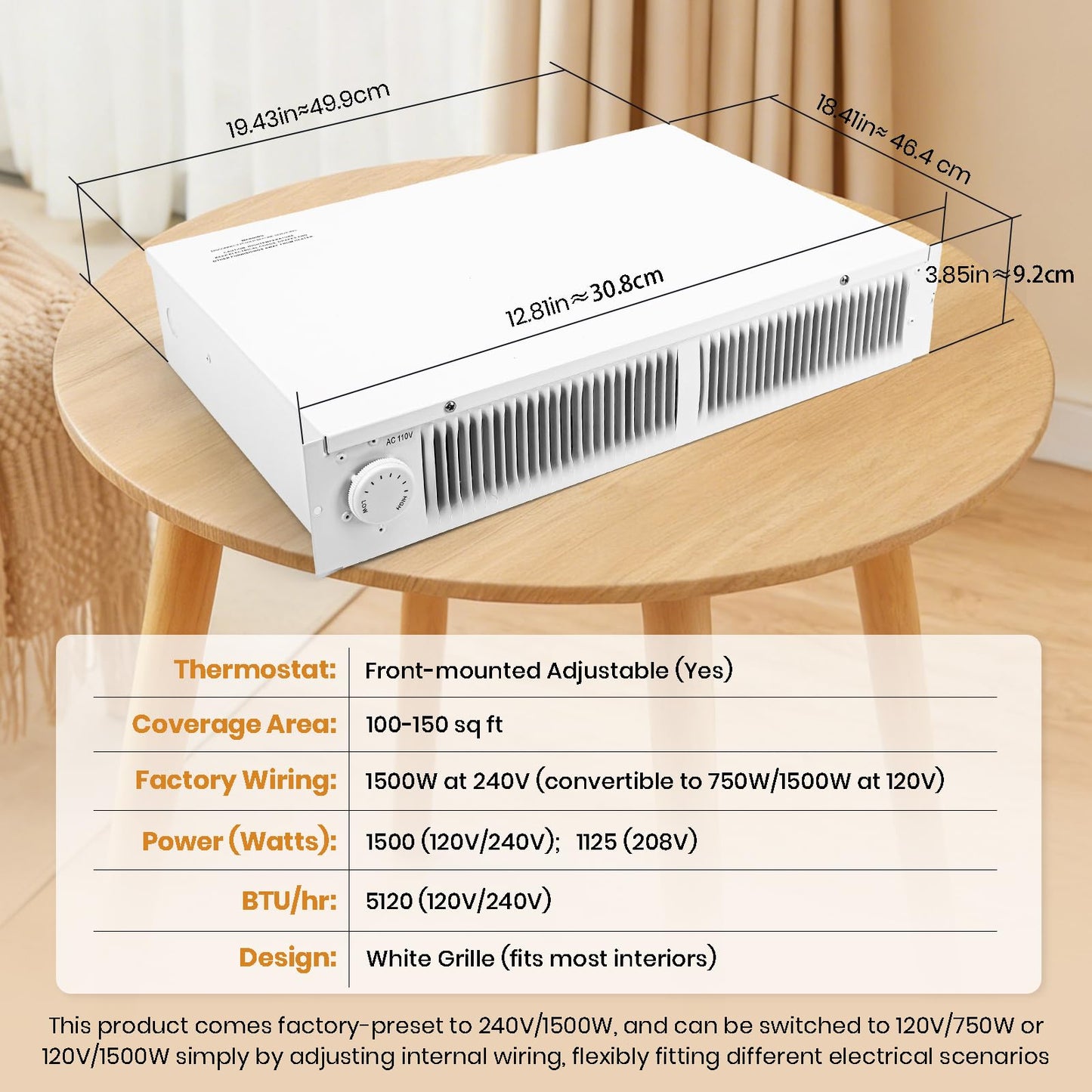 112 Electric Kickspace Toe Kick Heater with Thermostat, 1500W 240V/750W 120V, Fan-Forced Instant Heat, 150 sq. ft., Compact Built-In Design for Kitchen Cabinet Laundry Room, White