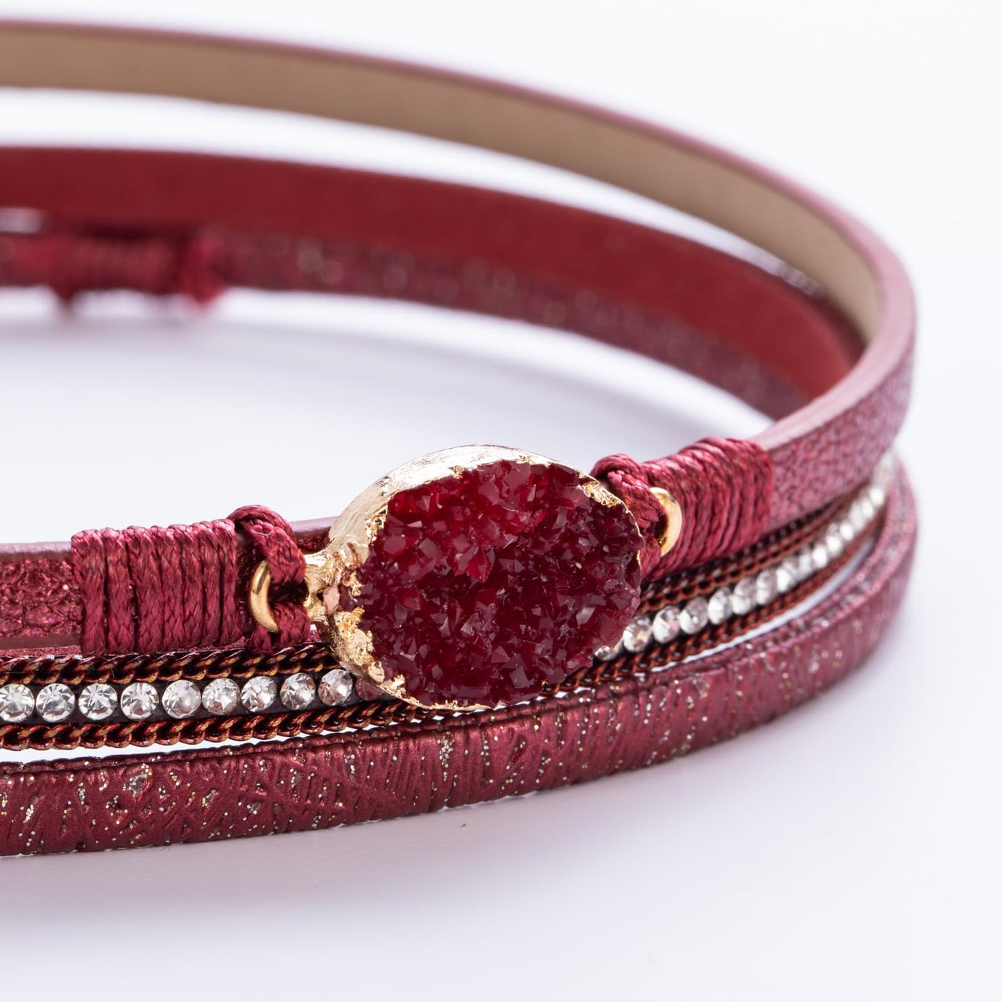 FANCY SHINY Boho Leather Wrap Bracelet Stackable Chunky Crystal Cuff Bracelets with Magnetic Clasp Cowboy Cowgirl Western Summer Beach Outfits Jewelry Gifts for Women (14.7", Burgundy)
