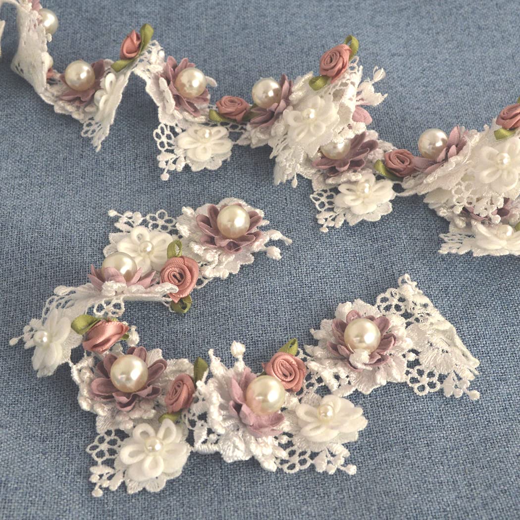 Kuasting 2 Yard Vintage Pearl Flower Ribbon Scallop Edge Trim Sewing Lace Trim Handmade DIY Sewing Supplies for Dress Embellishment (Pearl lace)