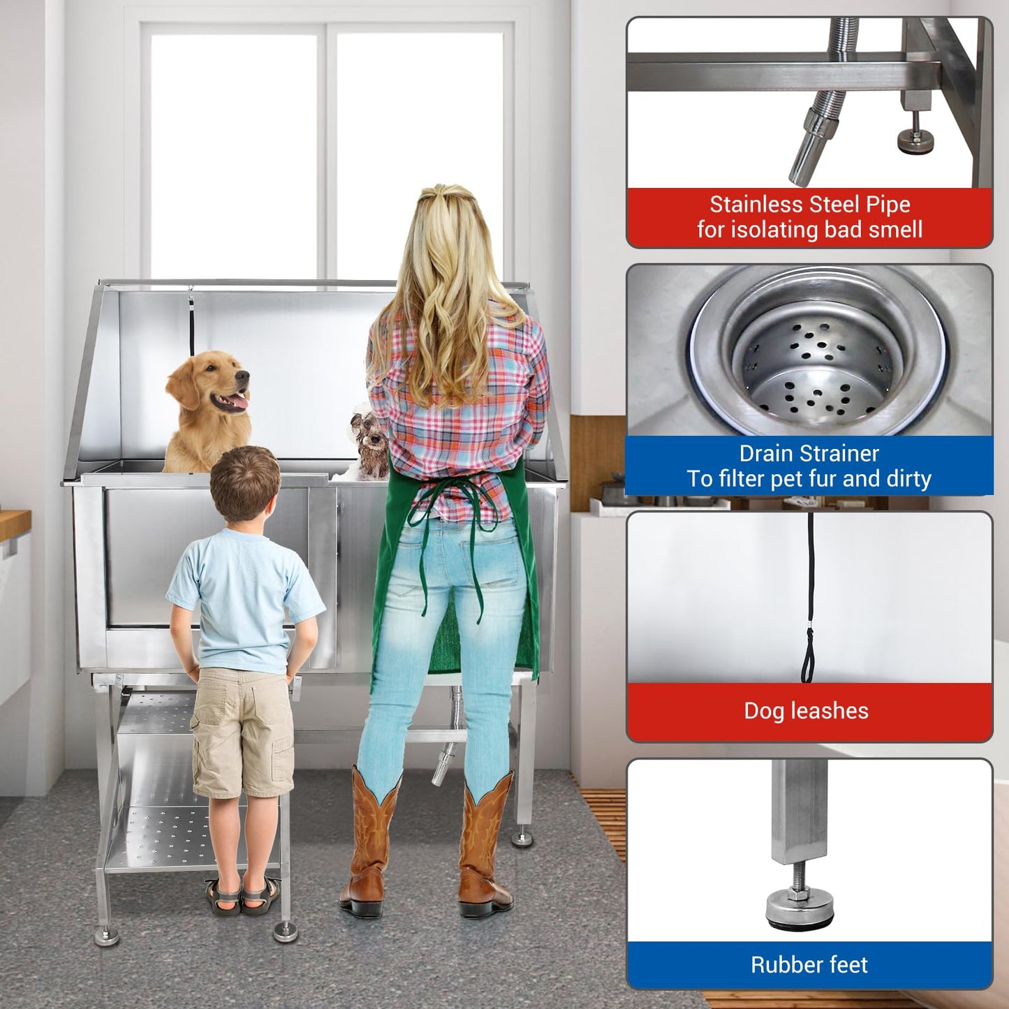Garvee 50'' Dog Grooming Tub, Professional Pet Washing Station with Retractable Stairs, Stainless Steel Pet Bathtub for Small & Large Dog, Left Door