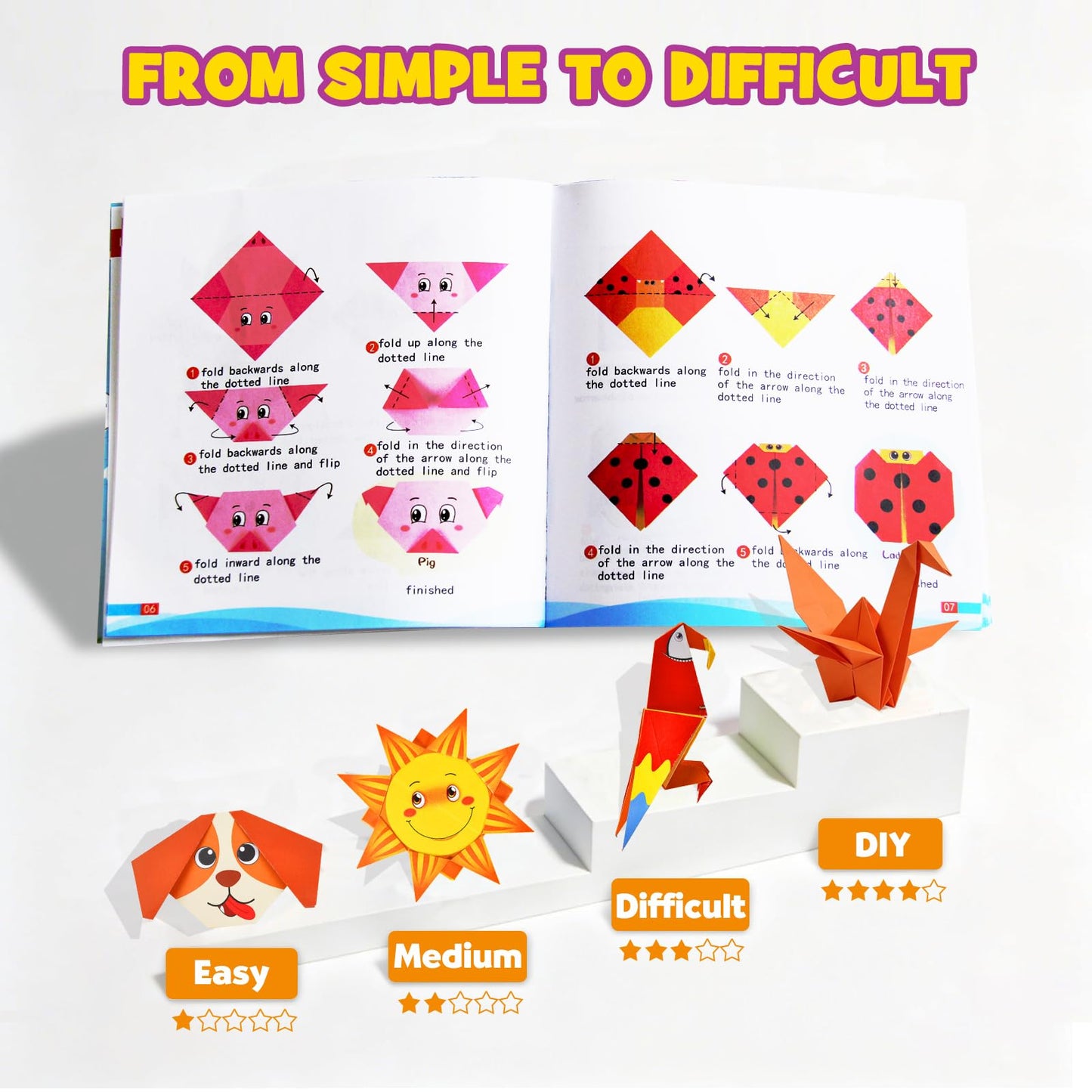 Pigipigi Kids Craft Origami Paper Kit for Kids Ages 5-8 8-12, with Guiding Book, 208 Sheets DIY Art and Crafts Supplies, Colorful Folding Papers Set Projects Gifts Activity for Boy Girl Toys(Cartoon)
