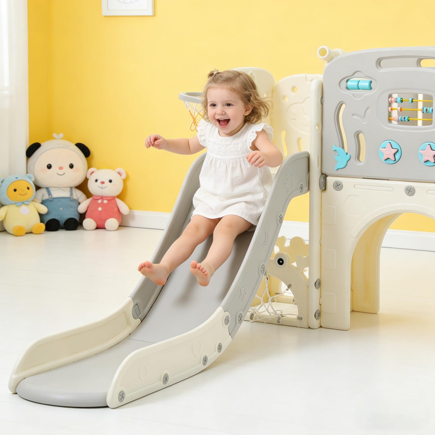 SENCHO GINSYTALIOR 11-in-1 Multi-Activity Toddler Playset with Slide, Basketball Hoop & Telescope - Indoor/Outdoor Playground (Gray+Beige)