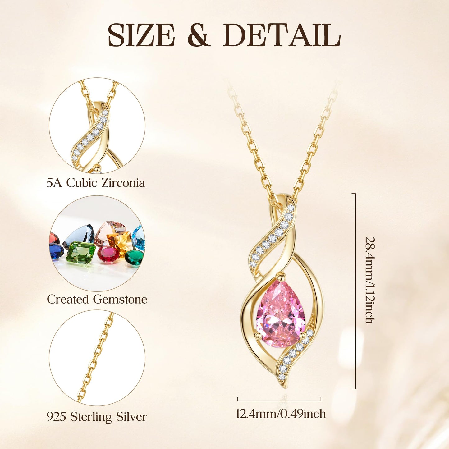FANCIME 14K Gold Plated October Birthstone Necklace for Women Pink Tourmaline Teardrop Necklace Sterling Silver Infinity Love Birthday Gifts for Women, 16"+2" Inches