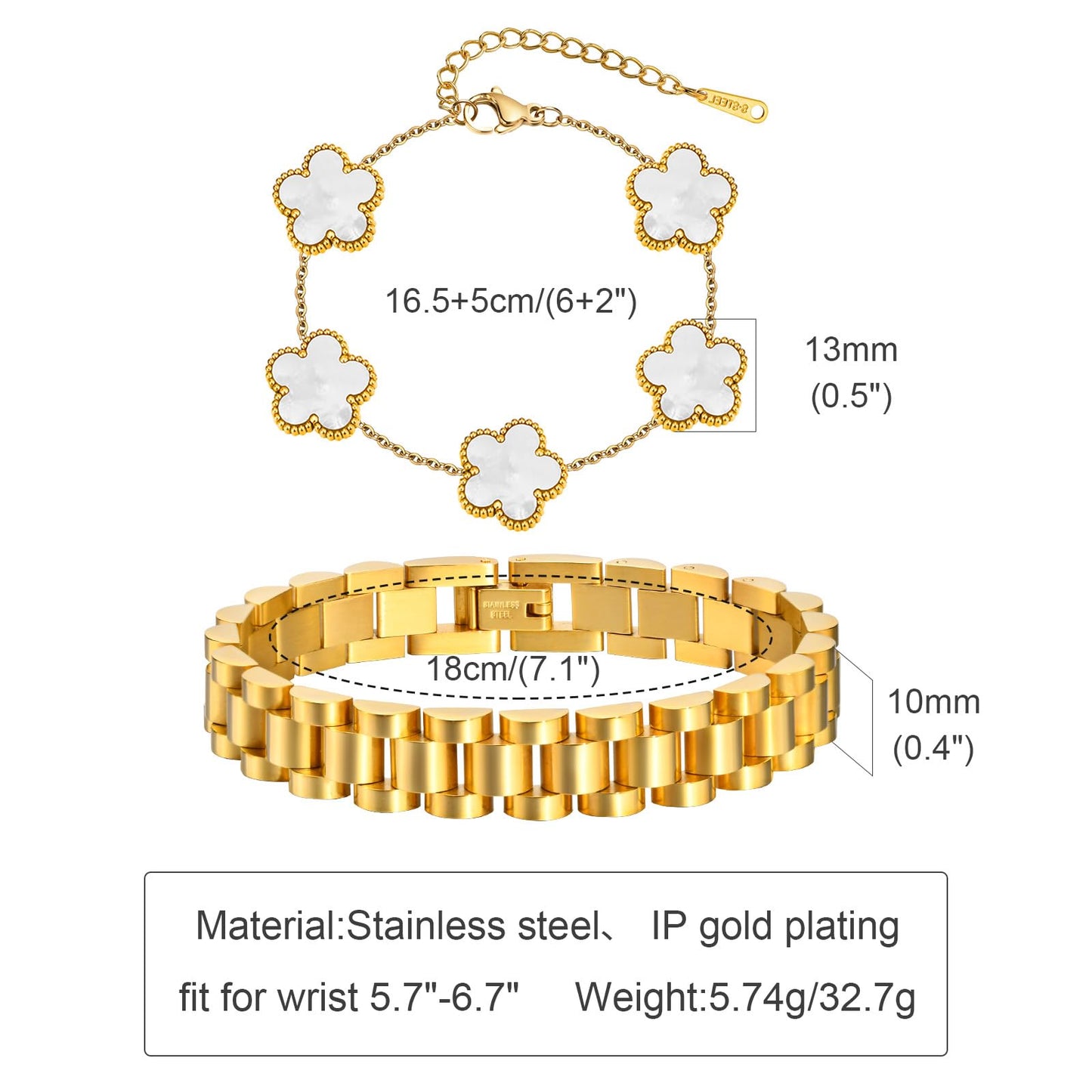 Stackable Gold Floral Bracelets Set , 2pcs 18K Gold Plated Bracelet Non-Tarnish,Stainless Steel Link Chain Friendship Bracelet,Watch Band Trendy Jewelry,Christmas Valentines Birthday Gifts for Women