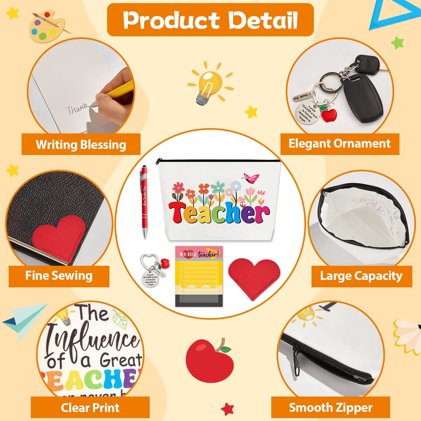 48Pcs Teacher Appreciation Gifts Bulk for Women with Sticky Notes Bookmark Key Chain Makeup Bags Pens Thank You Card Motivational Teacher Gifts Set for Teachers School Graduation Office Supplies