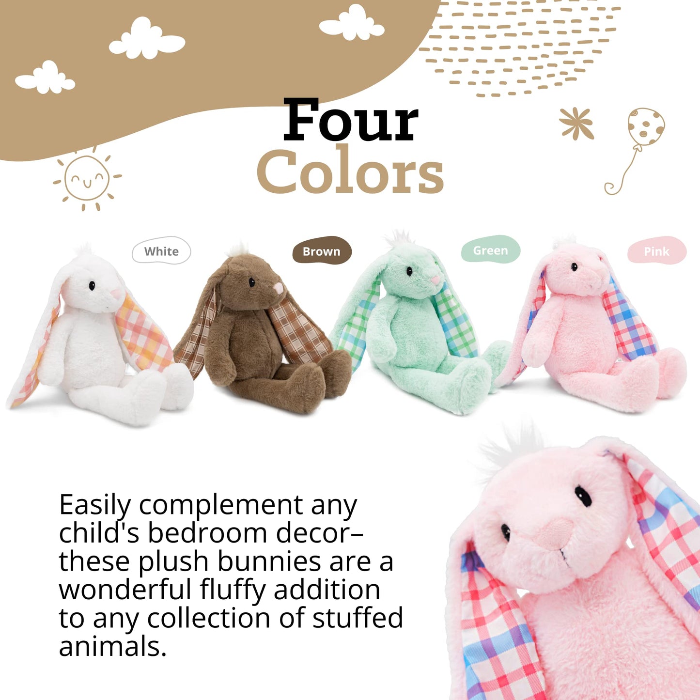 Plushible Easter Bunny Stuffed Animal, 14" (Pink) - Soft Embroidered Stuffed Bunny Plush Toy for Kids, Newborns, Boys & Girls, Cuddly and Adorable Plush Toys, Ideal for Birthdays & Gift Day