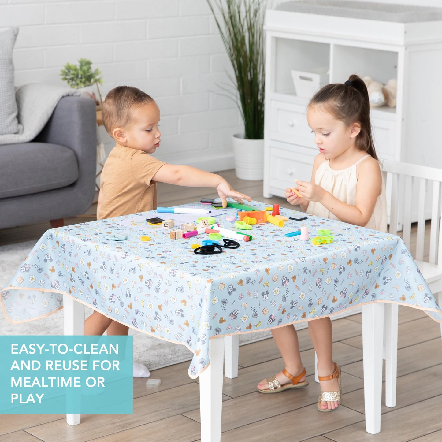 Bumkins Disney Baby Splat Mat for Under High Chair, Babies Toddlers Eating Mess Mat, Waterproof Reusable Cloth for Arts and Crafts, Play Mat for Kids, Floor or Table, Fabric 42inx42in, Mickey & Minnie