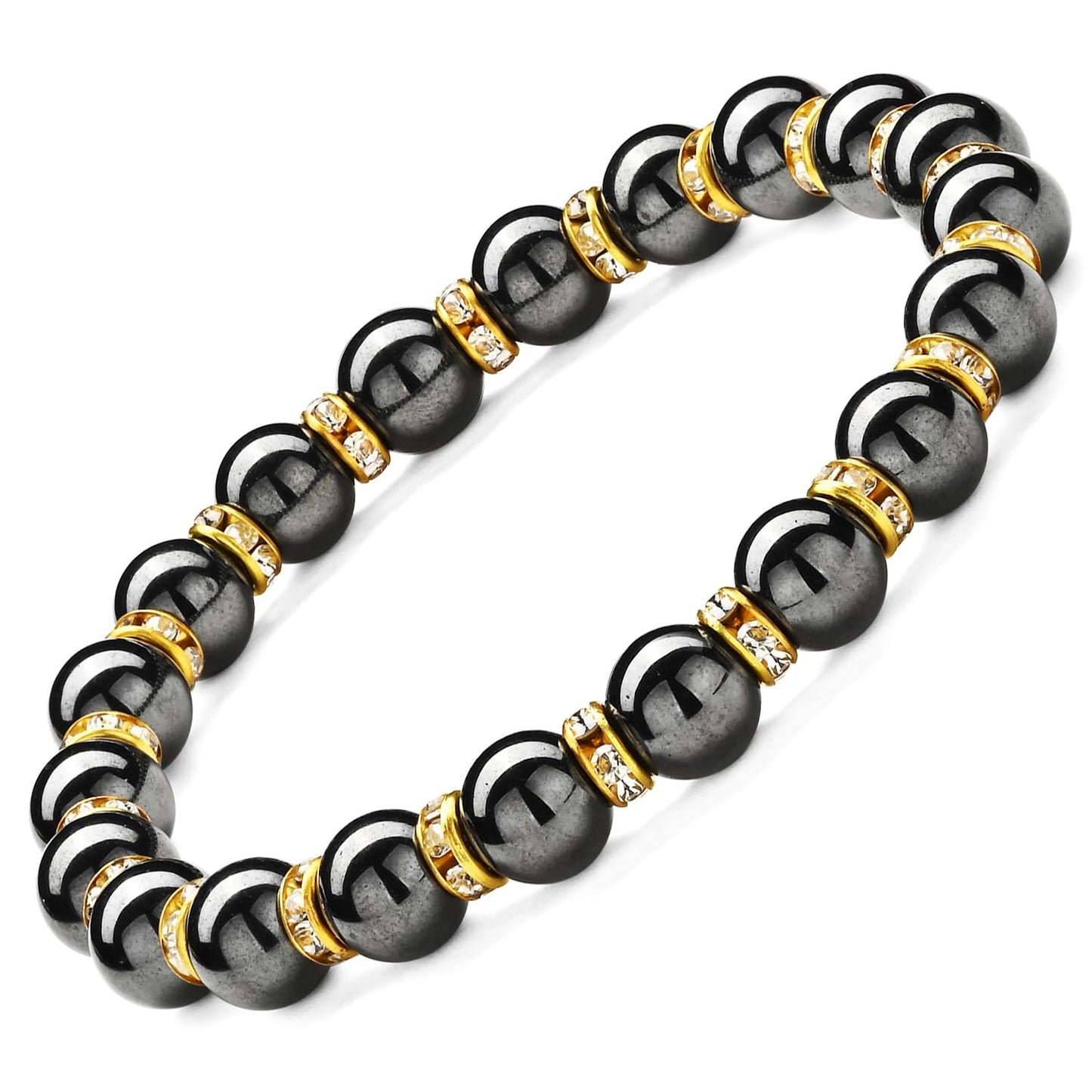 Apocalyptic-K Women's Magnetic Bracelet，Hematite Bracelets，Magnetic Bracelets With Zirconia,Handmade Stretch Bracelet，Eliminates static electricity. (Gold Zirconia,10MM)