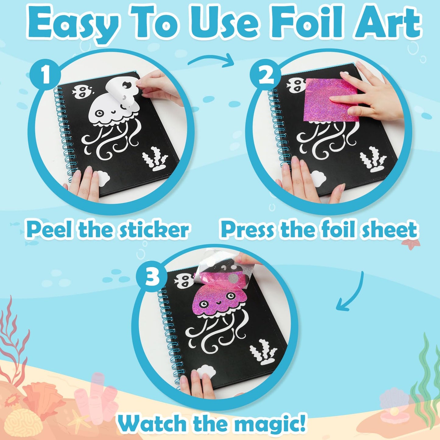 FUNNYB&G Foil Art Craft Kit for Girls 4-10 Years Old: Mess-Free & No-Glue, Create 16 Sparkly Ocean Pictures – Perfect Travel Toy & Birthday Gift for Kids (Ocean)