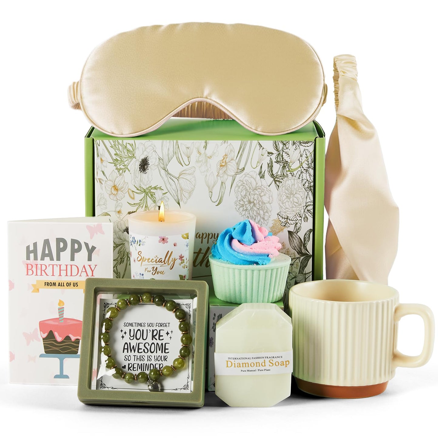 Mug Gift Birthday Gifts Set for Women, Spa Baskets Gift Box Unique Happy Birthday Gifts Ideas for Women Mom Her Friend Sister Wife Daughter Girlfriend Coworker, Ceramic Mug 12 OZ (Off-white)