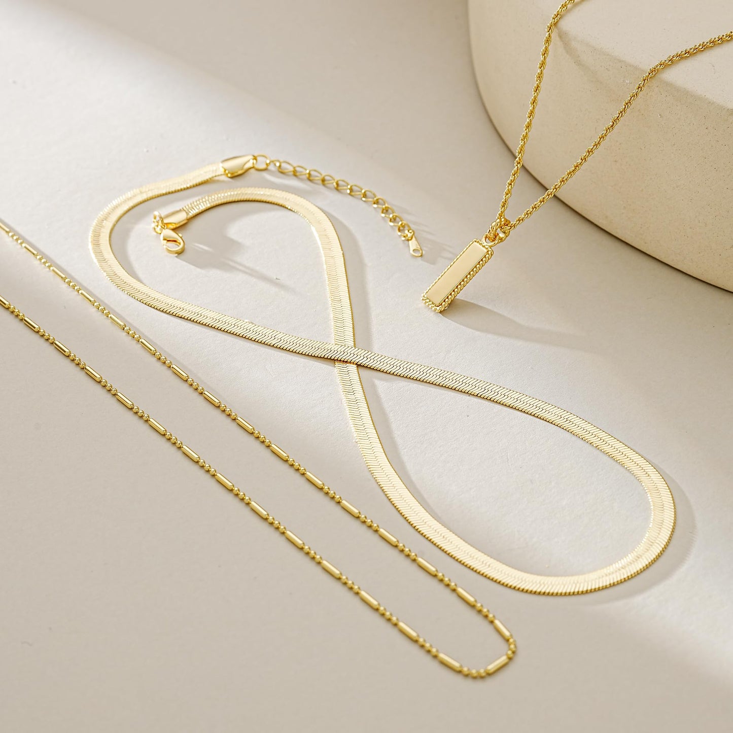 YOIHUR Layered Gold Necklaces for Women,14K Gold Plated Beading Snake Chain Necklace Trendy Layering Rectangular Pendant Twisted Rope Necklace Set Jewelry for Women