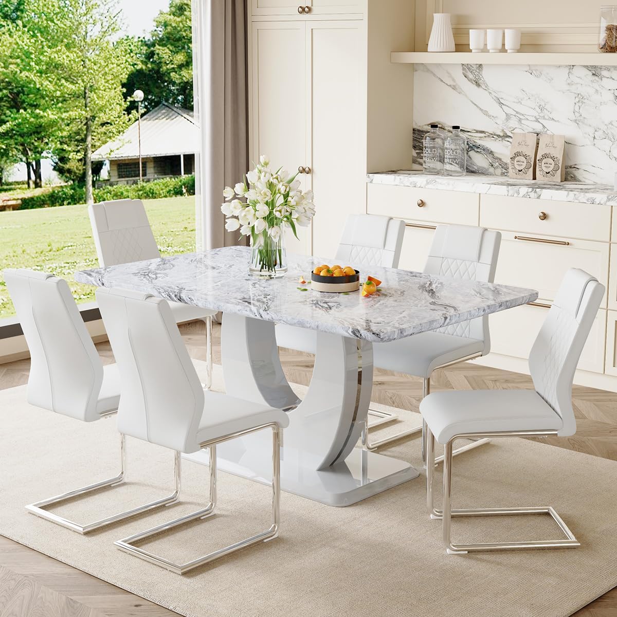 JUFU Dining Table Set for 6 with Chairs PU Upholstered, 63'' Gray Faux Marble Dining Room Table and Chairs, Modern 6 Piece Dining Table Set, Rectangle Dinner Table Set for Dining Room and Kitchen