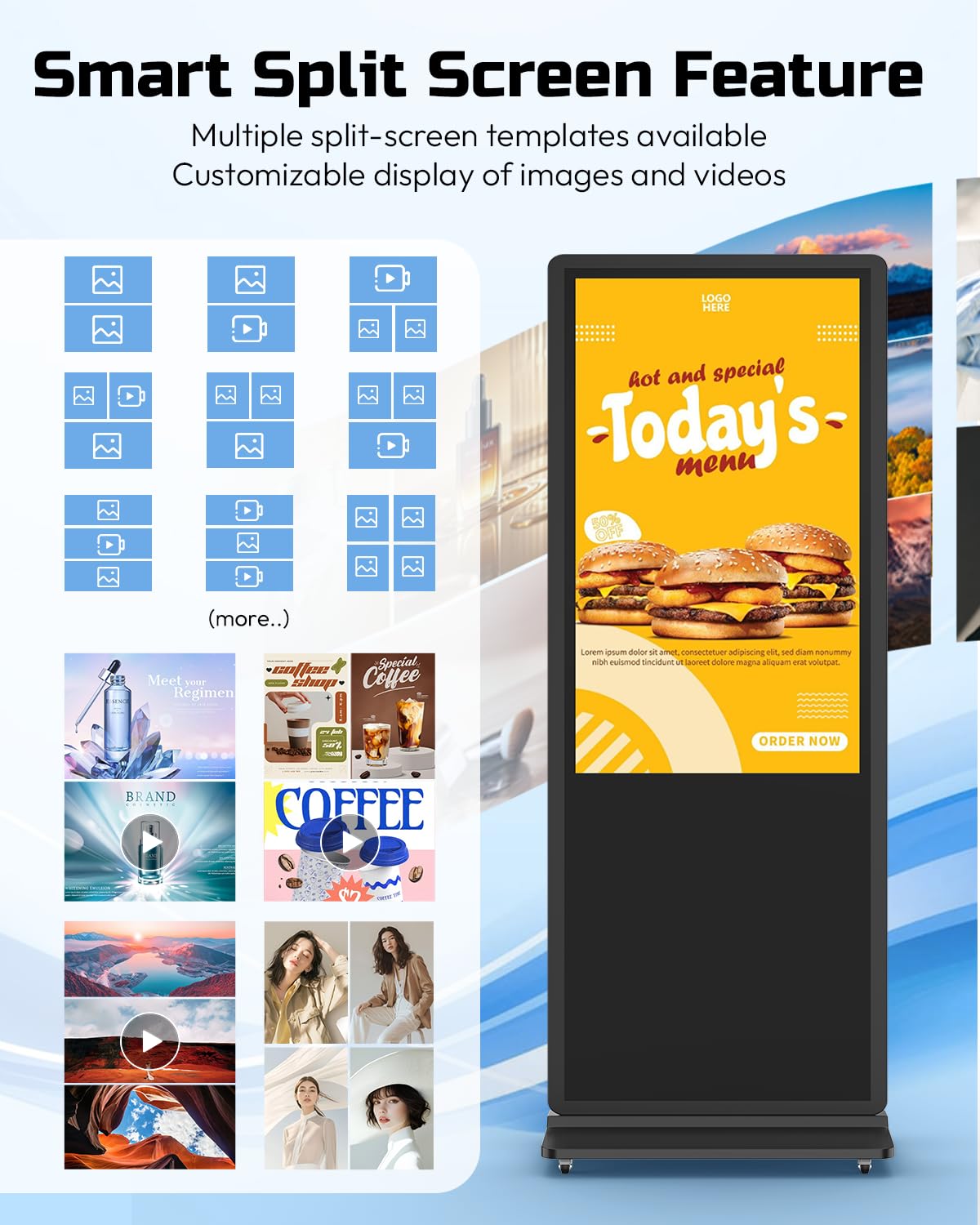 SIOXCFZ 32-inch Digital Signage Display, 2K LCD Touchscreen Indoor Floor Standing Digital Kiosk, Auto Media Player Advertising Display Poster with Android OS Remote Control, HDMI/WiFi/USB