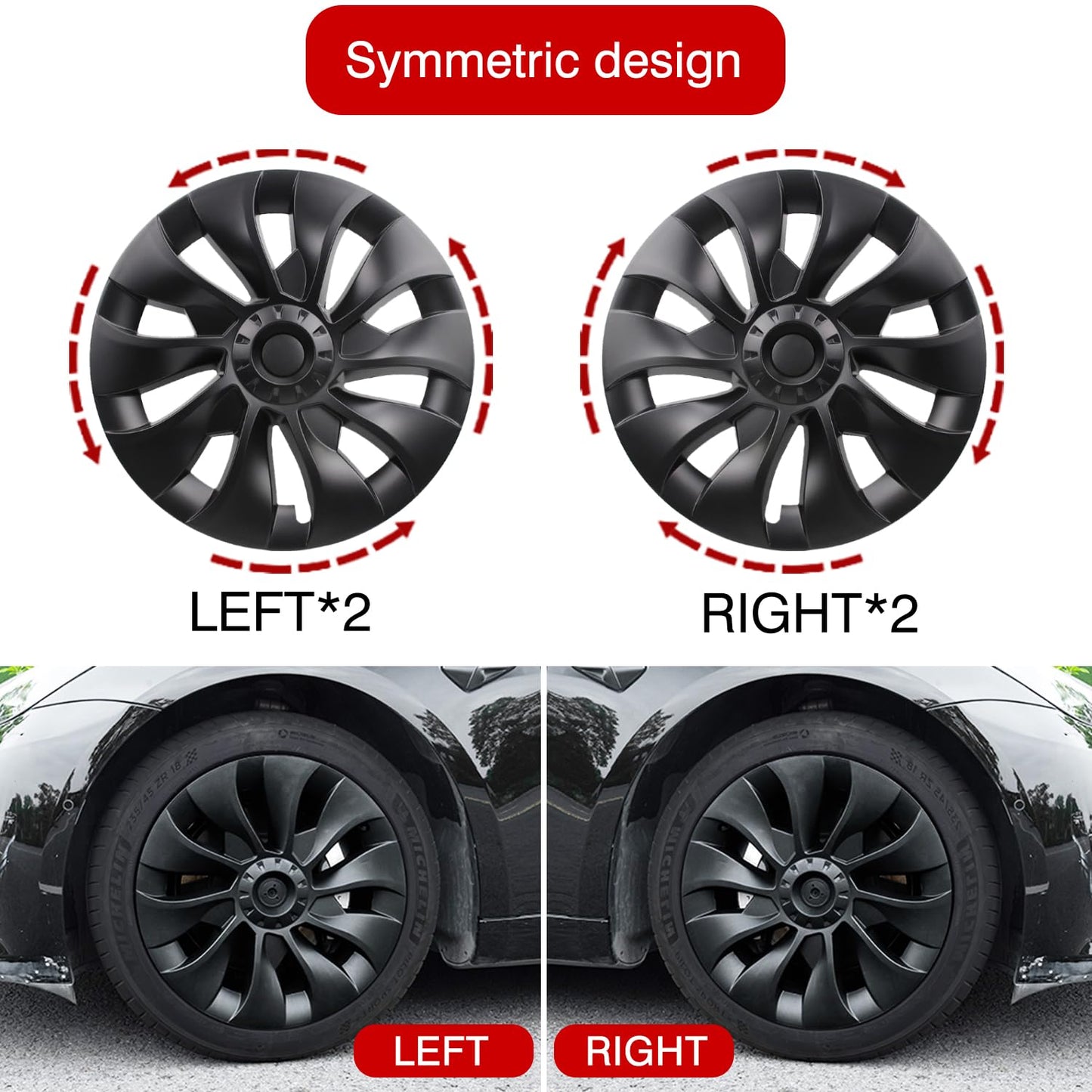KAVANIC 4PCS Wheel Covers Fits for Tesla Model 3 Hubcap 18 Inch Matte Black Support Logo Long Range Symmetry Design Uberturbine Style for 2017-2023 Model 3 Aero Wheel Cover Replacement (RWD/AWD)
