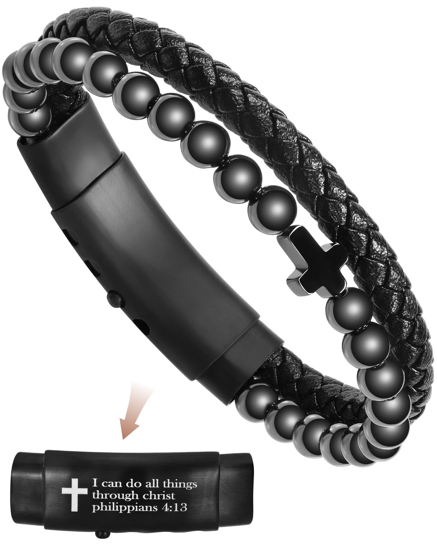 Feraco Magnetic Therapy Cross Braided Leather Bracelet for Men,Hematite Beads Charm Bracelet for Dad,Friends,Brother,Sons