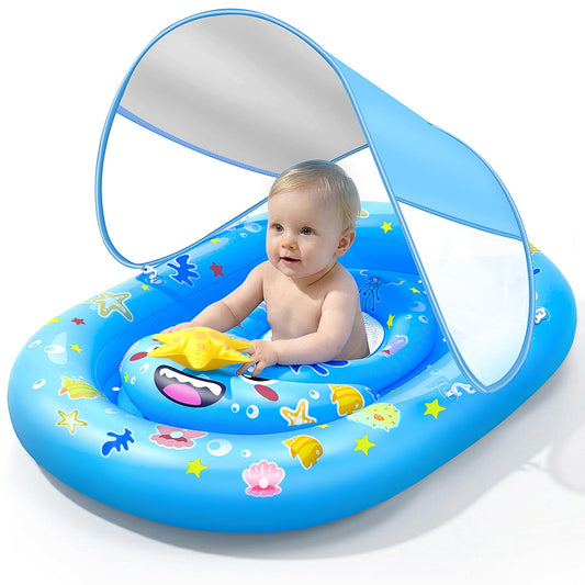 Baby Pool Float with Canopy UPF50+ Sun Protection, WJWJA Inflatable Kids Pool Floats with Adjustable Safety Seat Infant Swimming Float for Baby 6-36 Months Boys and Girls