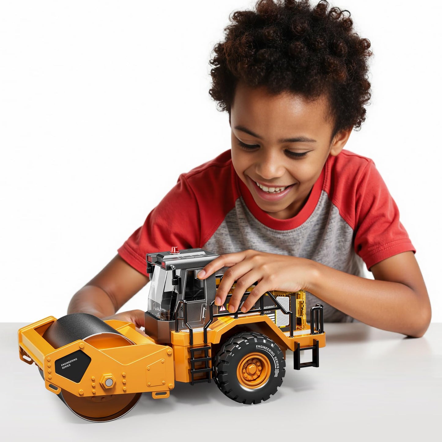 Pupu Pig Kids Metal Construction Toys - Steam Roller, Upgraded Construction Vehicle with Lights and Sounds, Die-Cast Model Toy Car, Road Roller Toy for Boys Girls Toddlers Kids Gift, Ages 3+, Yellow