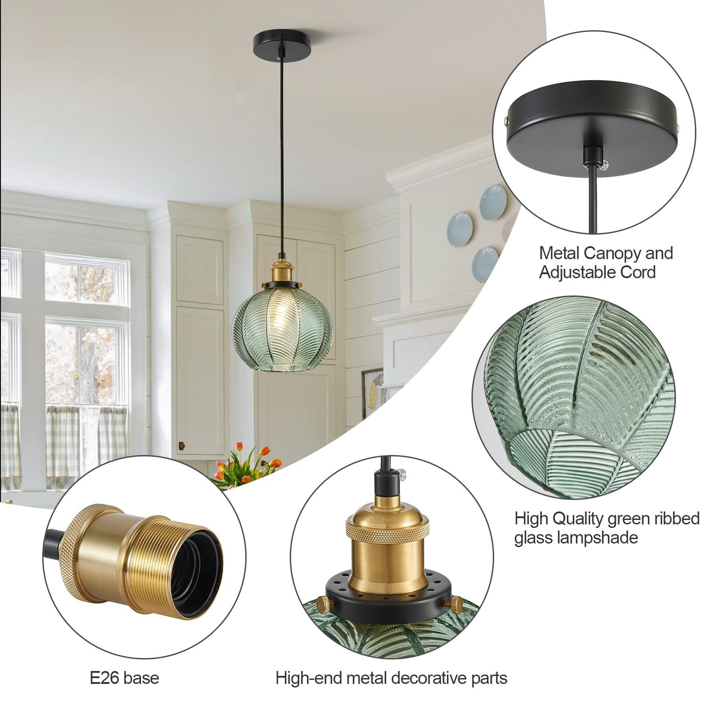 ZRPSSGE 7.8in Vintage Pendant Light 1- Light Kitchen Sink Pendant Lights with Green Hand Blown Glass Small Hanging Lamp for Kitchen Island Dining Room Bedroom Bathroom Hallway E26