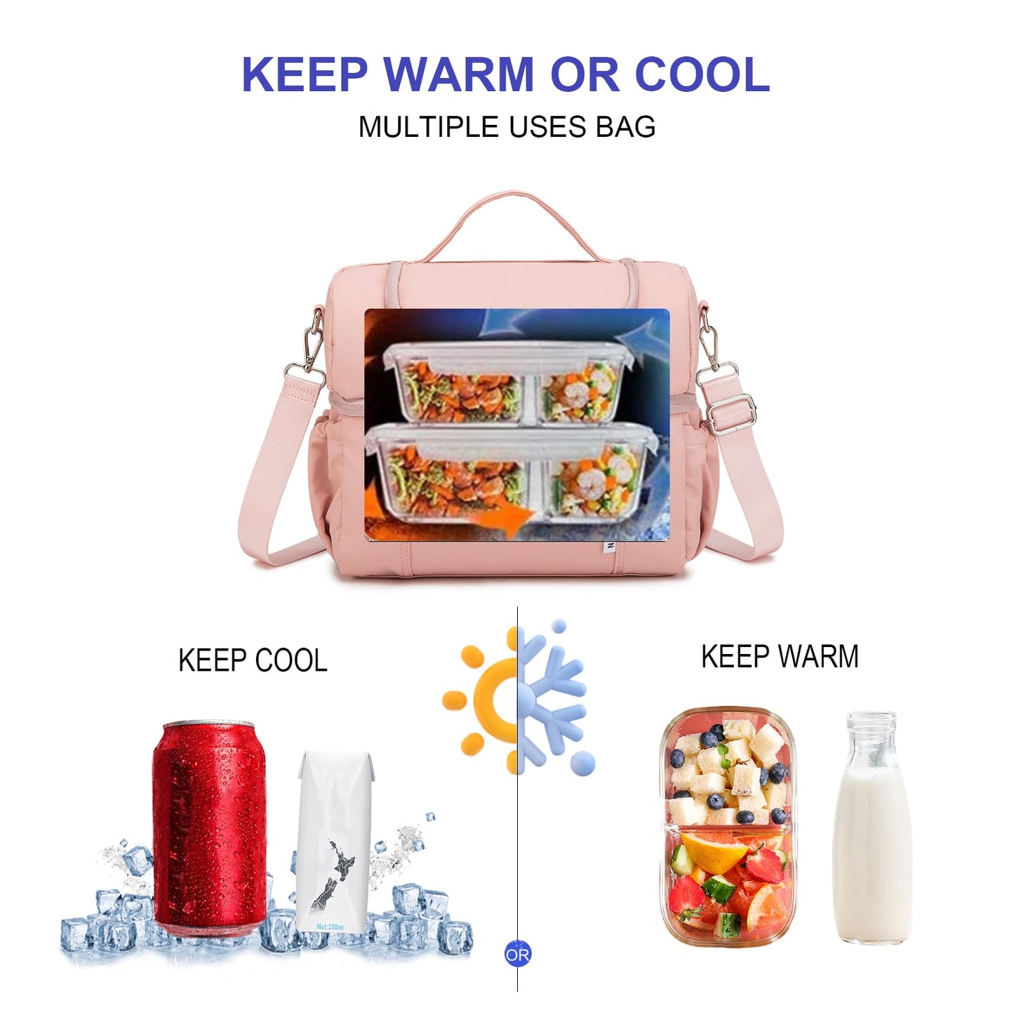 NOL Natural Organic Lifestyle Adult Lunch Box Insulated Lunch Bag Large Dual Compartment Lunch Bag Coolers Lightweight Nylon Waterproof Lunch Box for Work, Picnic, Travel, Outdoors, Pink
