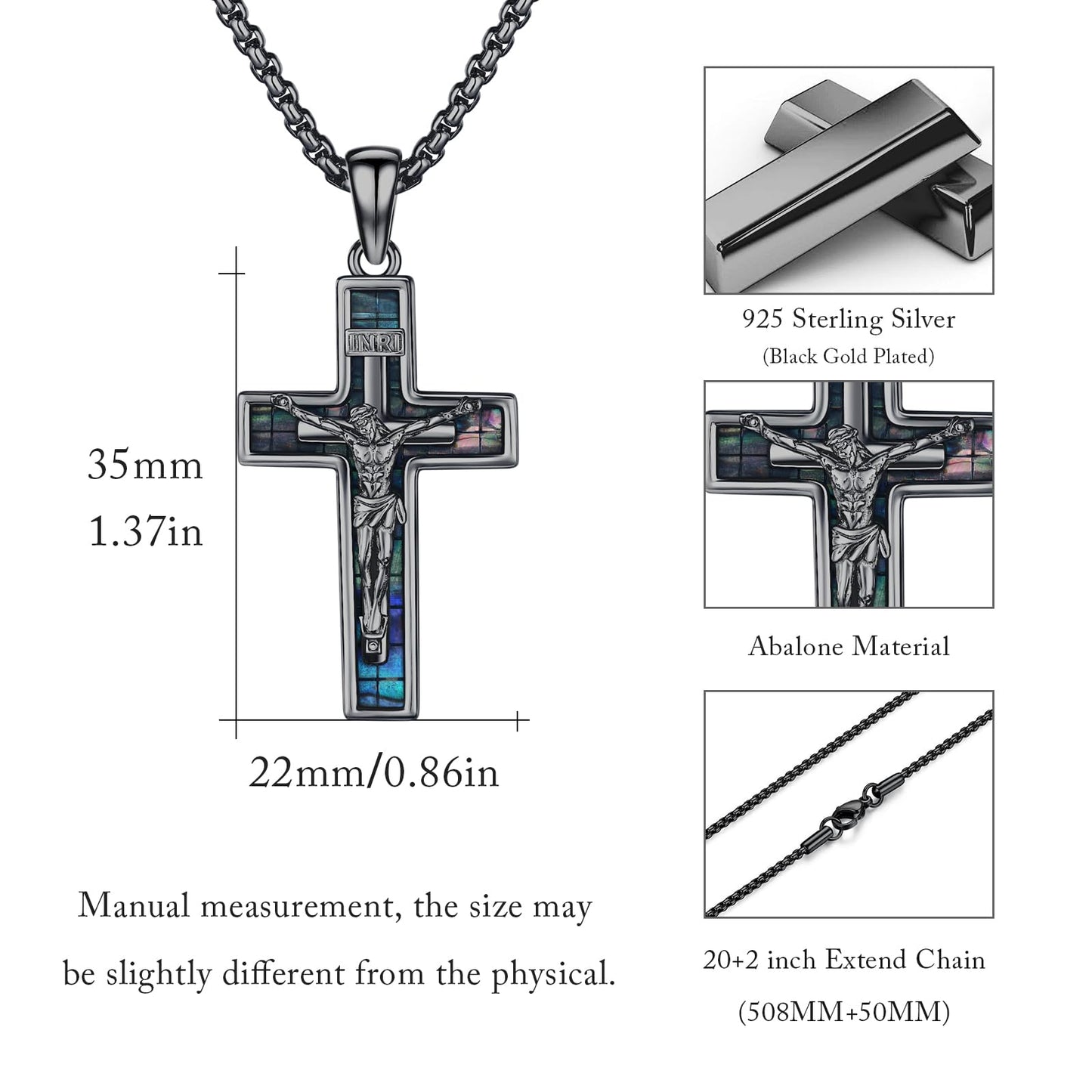 YEESIA Cross Necklace for Women Men 925 Sterling Silver Black Jesus Crucifix Pendant Necklace with Abalone Cross Jewelry Gift for Women Men