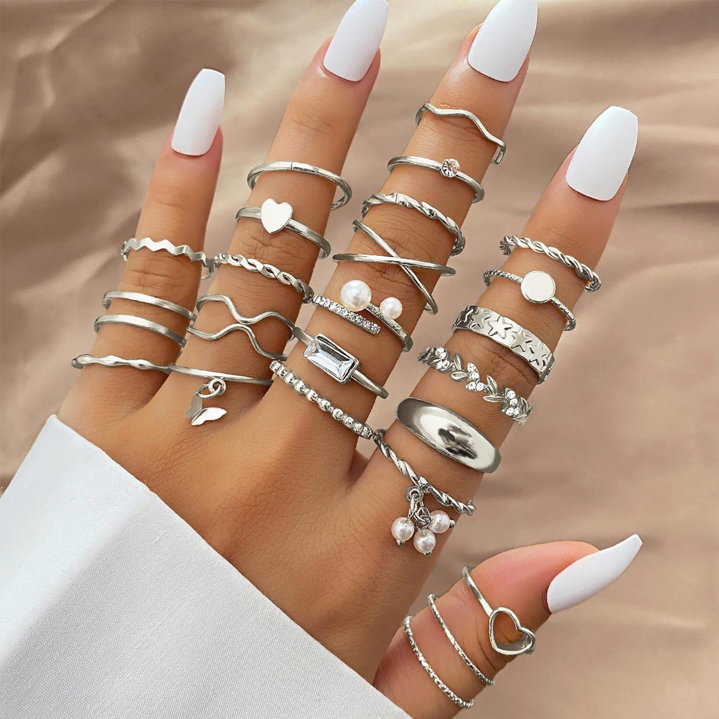 IFKM 24 Pcs Silver Knuckle Rings Set For Women Vintage Stackable Joint Finger Midi Rings Dainty Cubic Zirconia Crystal Simple Twist Hollow Cute Rings Pack Jewelry Gift (Heart's Voice, Silver)