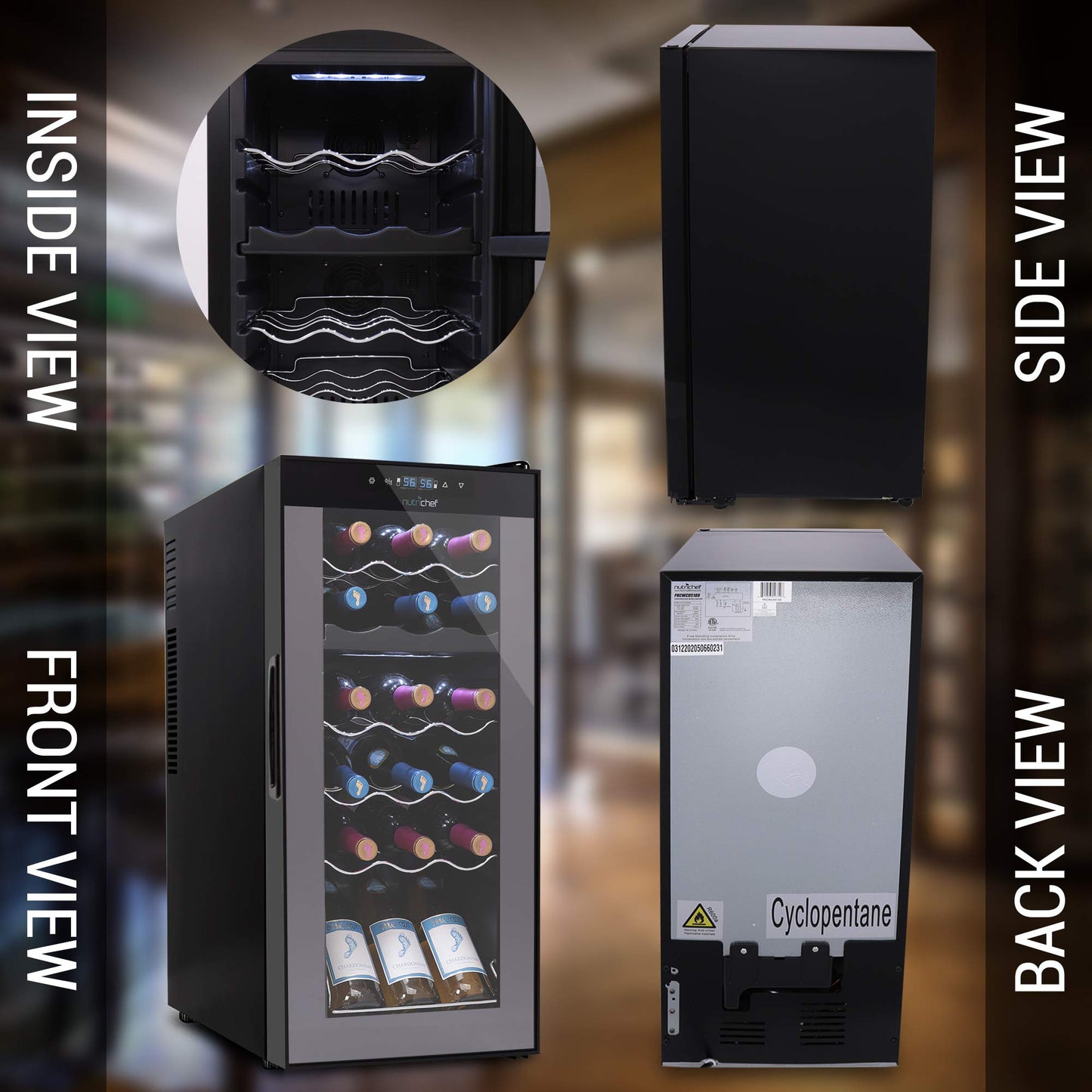 NutriChef 18 Bottle Wine Fridge | Dual Zone Wine Chiller | Adjustable Temperature 41°F to 64°F | Ultra Quiet Operation | Wine Cooler For Home & Office | Free Standing 32x13x19 IN | Black
