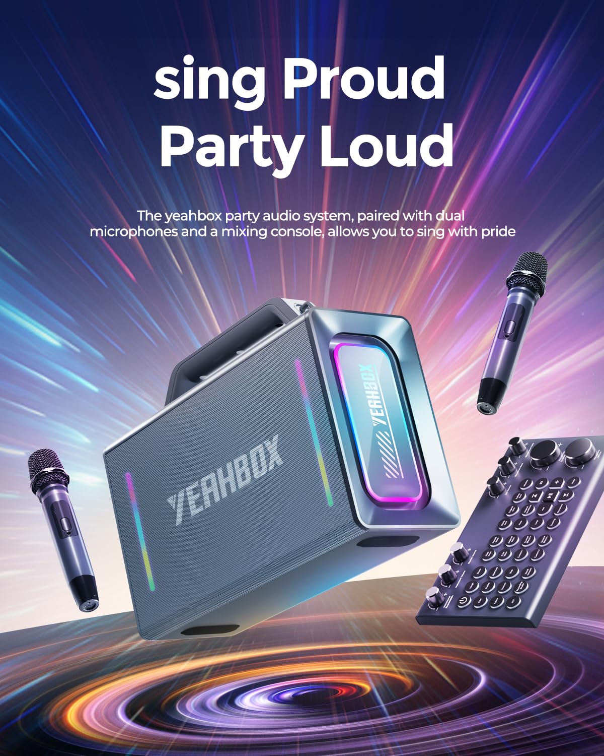 Yeahbox Thunder 500 Party Speaker – 200W Max Power Bluetooth PA System with Dual Wireless Microphones, DSP Sound Card, LED Lights & 10H Playtime, Portable for Outdoor, Home, and Events
