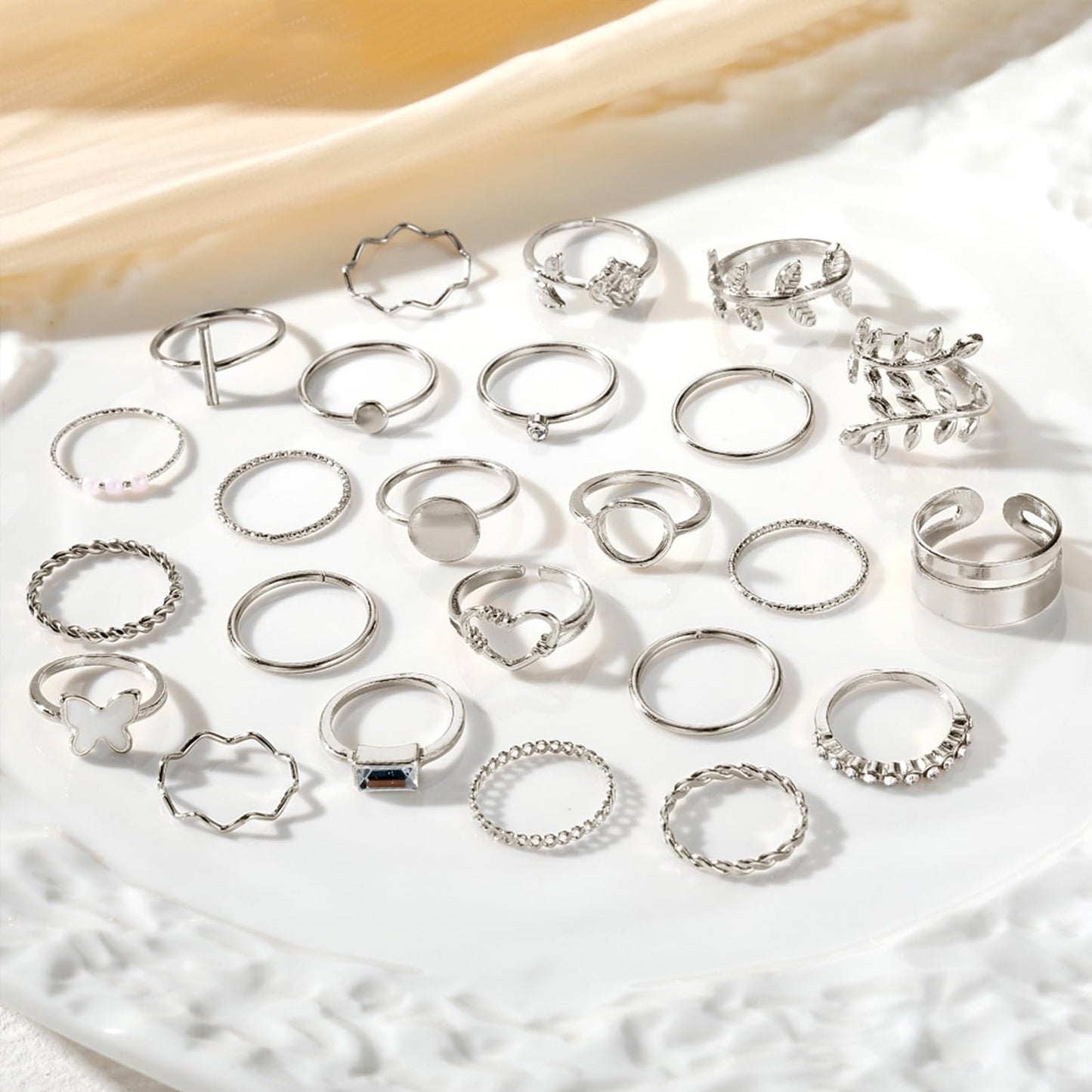 IFKM 24 Pcs Silver Knuckle Rings Set For Women Vintage Stackable Joint Finger Midi Rings Dainty Cubic Zirconia Crystal Simple Twist Hollow Cute Rings Pack Jewelry Gift (Love of Leaves, Silver)