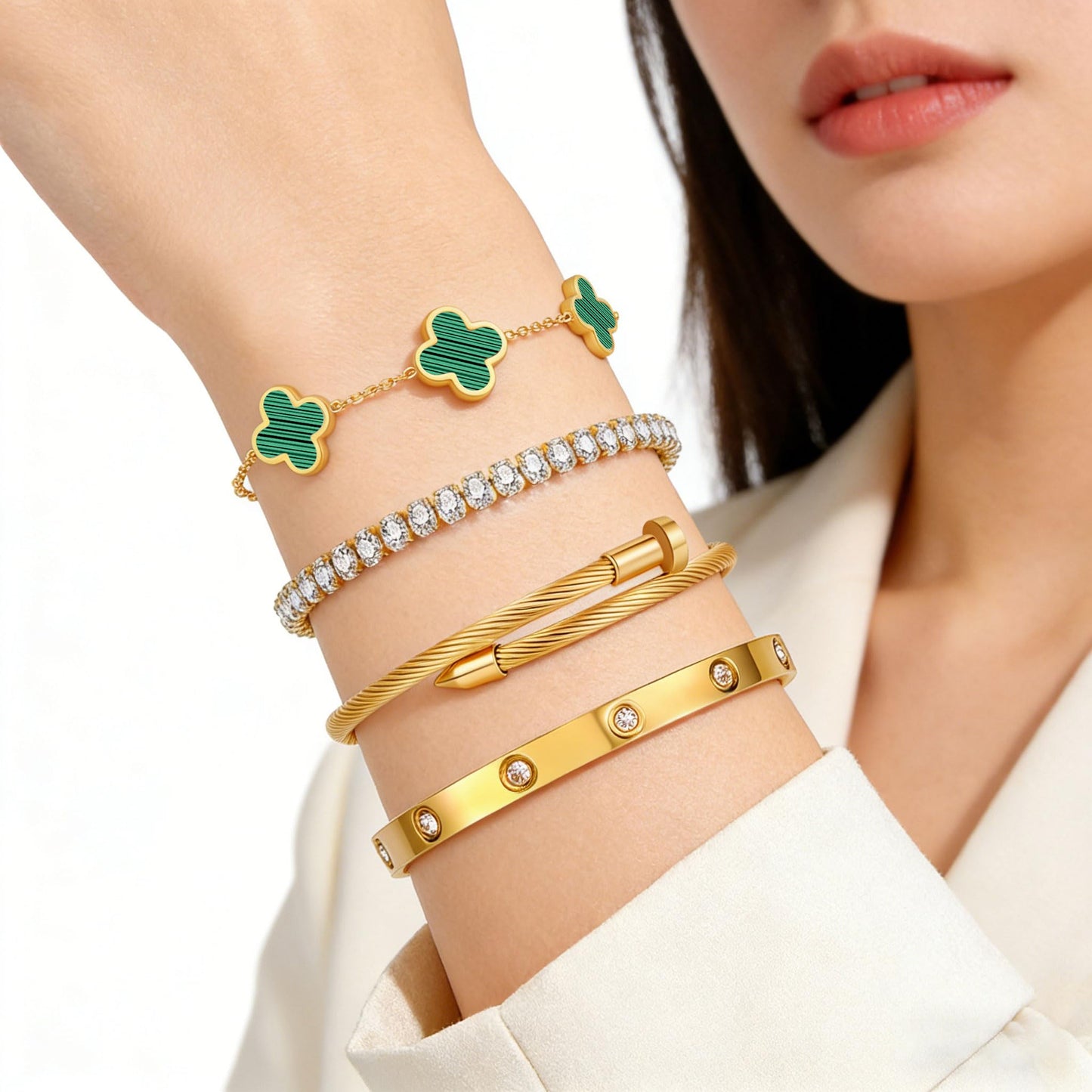 Gold Bracelets for Women, 18K Gold Plated Women Tennis Bracelets Clover Nail Love Bangle Bracelet Set, Gold Bracelet Stackable Set Trendy Jewelry, Gifts for Women's Day and Mother's Day (11-Color- 4 Green)