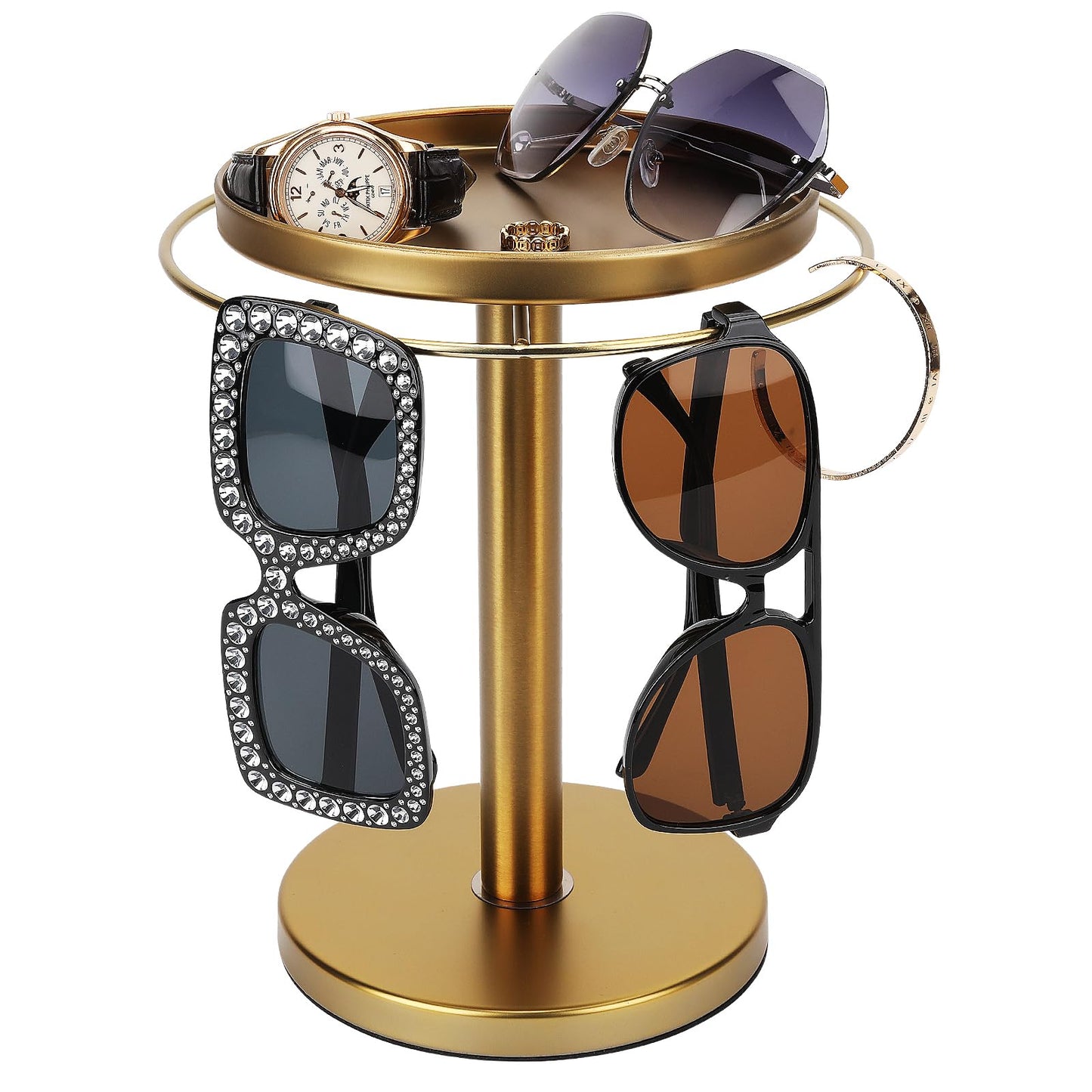 360° Rotating Sunglass Organizer Storage, Stainless Steel Glasses Holder Stand, Glasses Organizer with Tray for Desk, Dresser, Tabletop, Nightstand and Home Decor (Gold)