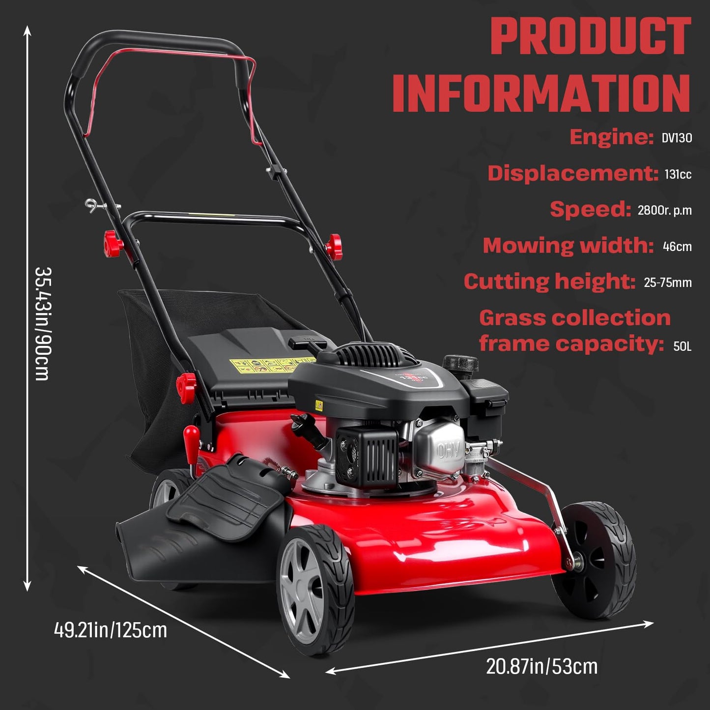 3 in 1 Gas Lawn Mower Self Propelled Self Propelled Gas Lawn Mower, 131cc Engine with Air Cooling, 50L Grass Tank, Foldable Design Red, Big Wheels & Easy Start