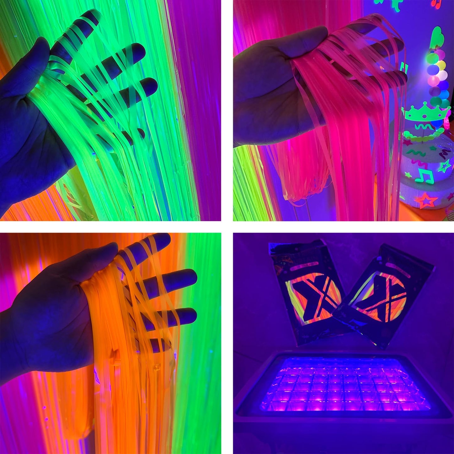 Aduck Glow in The Dark Party Supplies, Neon Party Decorations Foil Fringe Curtains with Tinsel Backdrop(2-Pack), Fluorescent Yellow/Orange/Pink Streamers for Photo Booth Birthday Decorations-6.6x6.6ft
