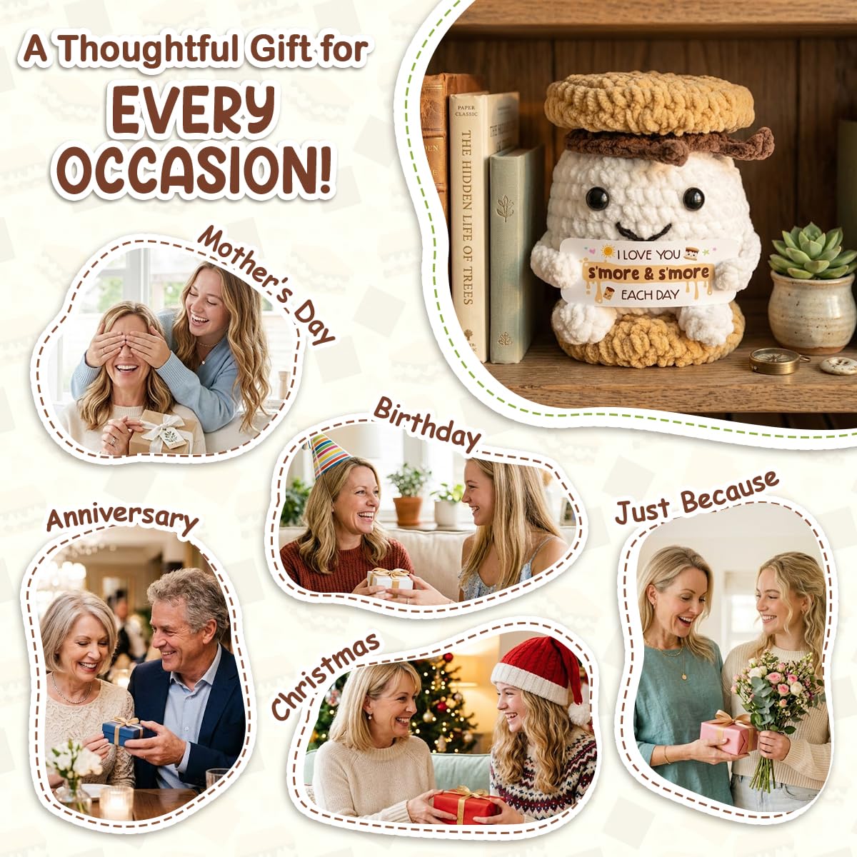 Tiny Detalles Smore Crochet for Mom from Daughter, Son, Wedding for Couple, Him Her, Cute I Love You Smore Gift for Friends & Family, Birthday, Valentine’s Day Gift Ideas