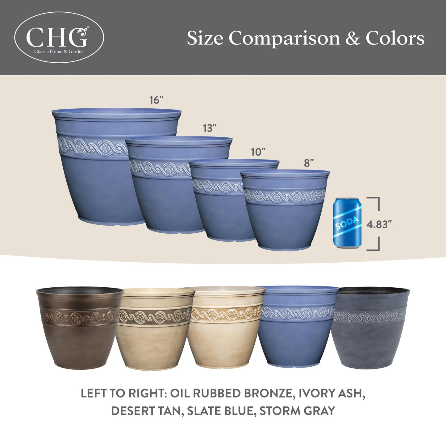 Classic Home and Garden Corinthian Resin Planter Pot - Outdoor & Indoor Plant Pot - Round Planter for Plants & Flowers (8" Storm Gray, Pack of 1)
