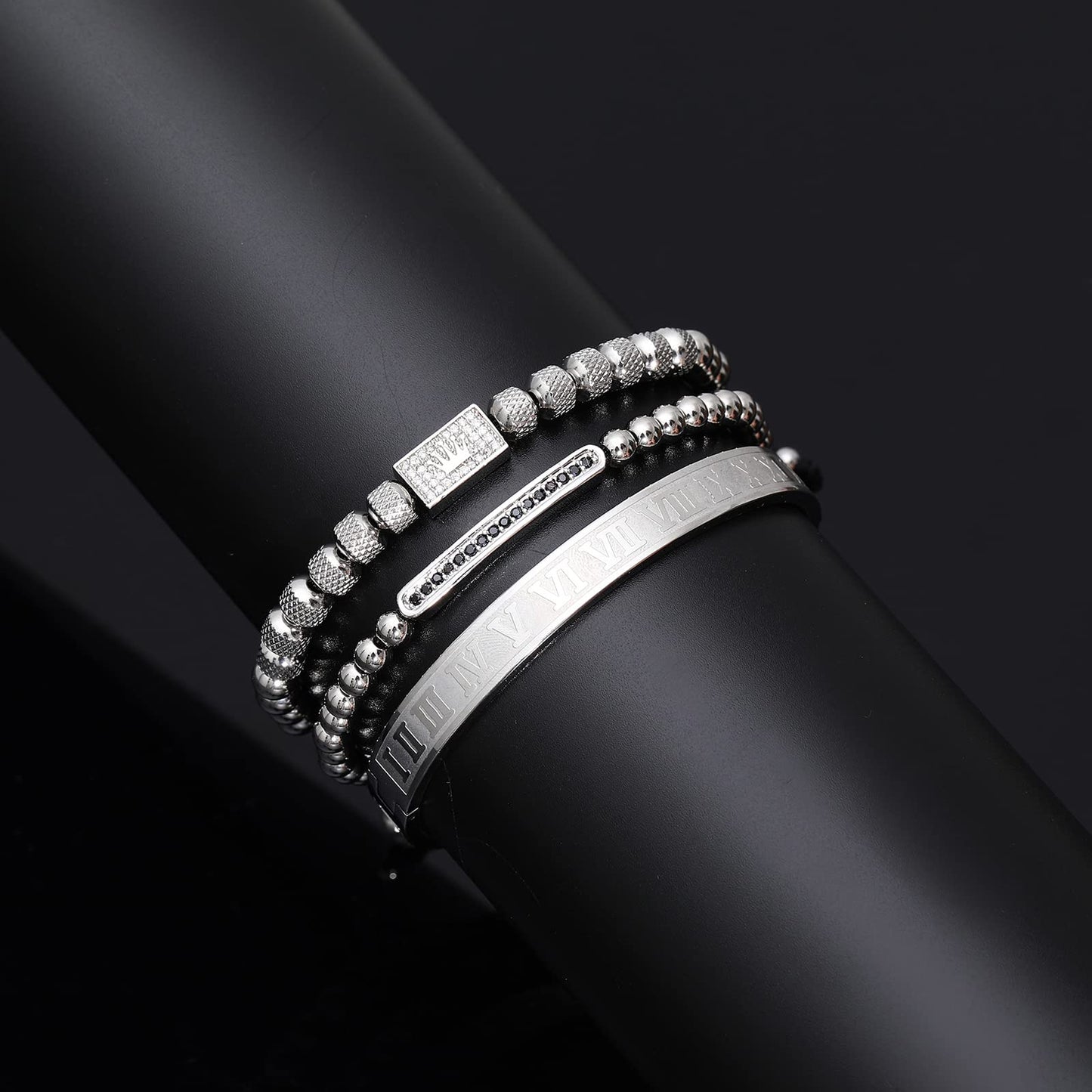 WFYOU 3PCS Stainless Steel Bracelets for Men Gold Roman Numeral Bangle Bracelet Twisted Cable Bracelet Adjustable Cuff Bracelet Mens Luxury Jewelry Bracelets Gifts(H:Silver)