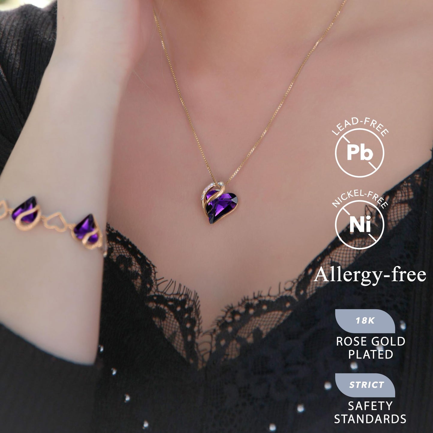 Leafael Gifts for Women Rose Gold Plated Necklaces: Heart Dark Amethyst Pink Crystal, February Birthstone, Hypoallergenic Chain (18"+2"), Birthday Jewelry for Mom and Wife