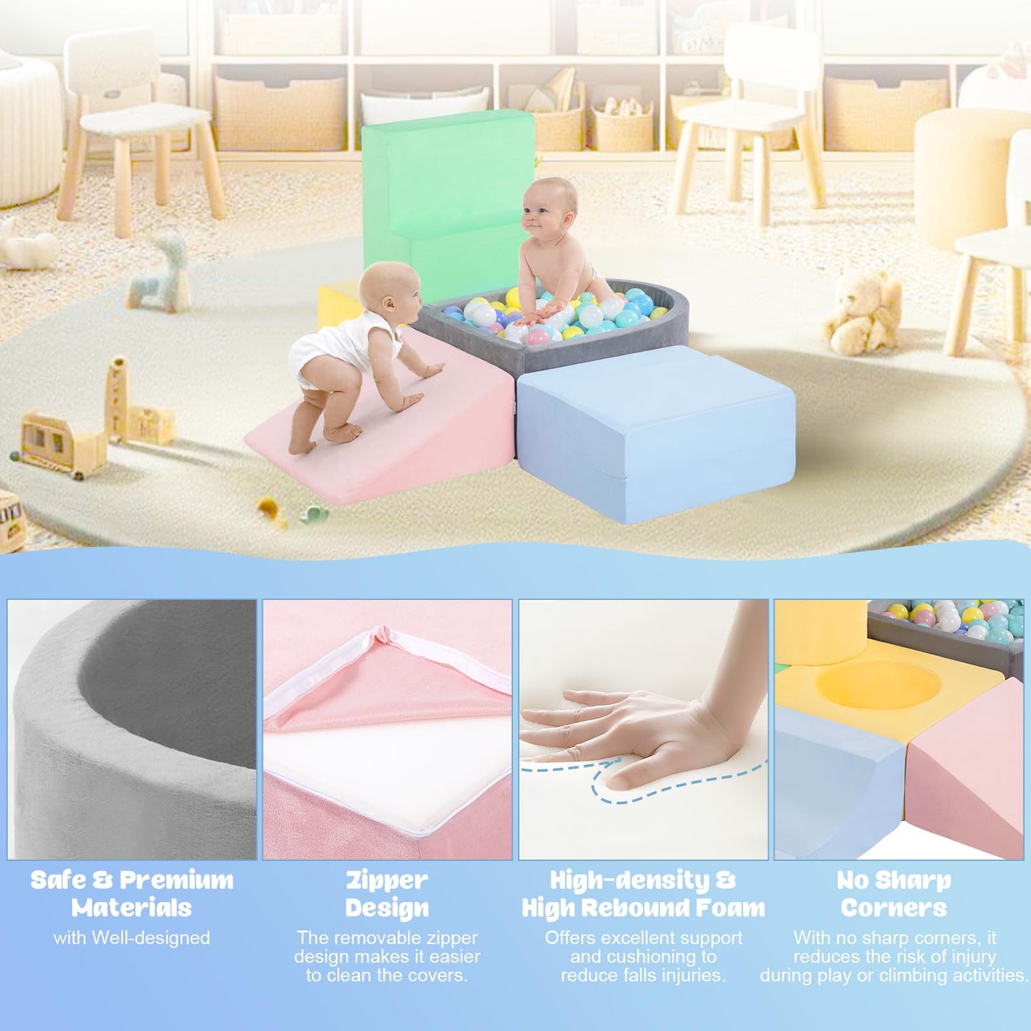 CAMELUS Climbing Toys for 1 Year Old, Foam Baby Climbing Blocks with Ball Pit for Toddlers, 6-Piece Soft Play Set, Indoor Climb Crawl Activity Play, Birthday (Balls not Included)