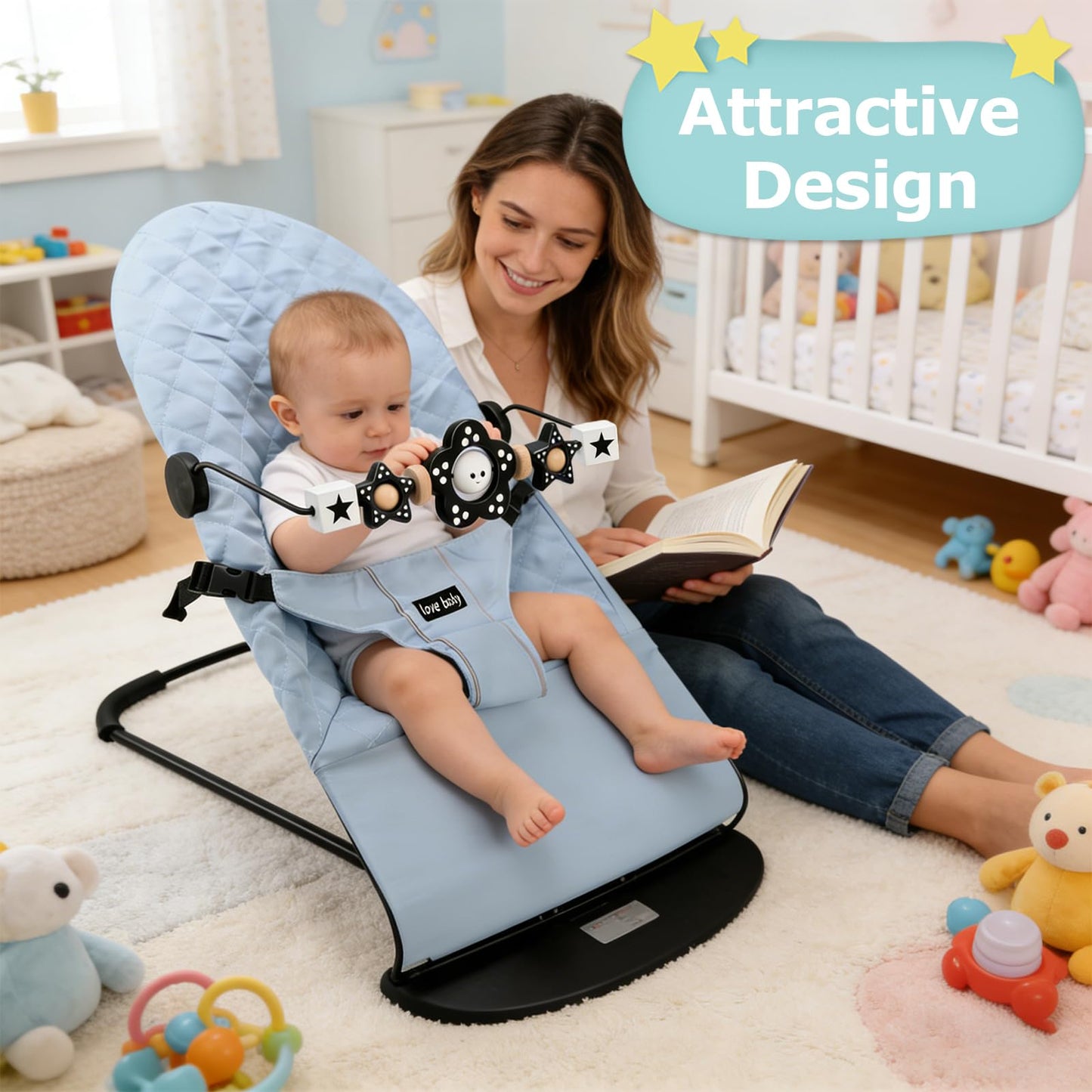 Welgep Wooden Baby Bouncer Toy Bar Attachment, Sensory Toy for Newborn to Toddler Boys Girls, Easy Install & Remove, Baby Bjorn Compatible (Black)