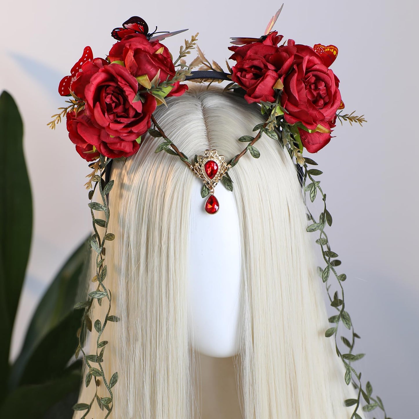 MOSTORY Red Fairy Flower Headpiece - Floral Elf Crown with Vines for Woodland Fairy Accessories Women, Forest Flower Headband with Butterflies for Renaissance Renfaire Cosplay