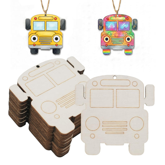 30PCS Unfinished School Bus Shaped Wooden Cutouts with Lines to Paint Bus Wood Slices for Crafts Back to School Hanging Ornaments for Home Decorations Party Favors (Bus Head)