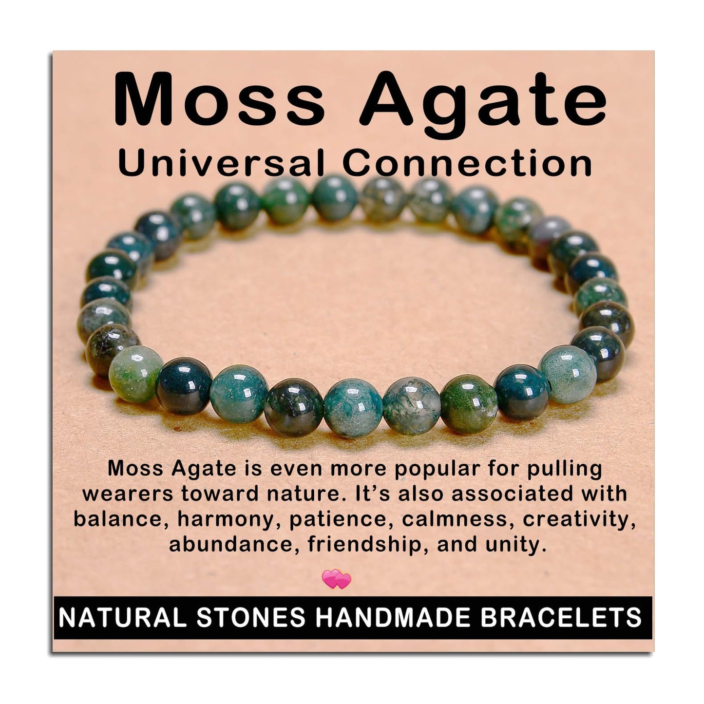 AD Beads Handmade Gemstone Stretch Elastic Bracelet Crystal Healing Reiki Nature's Beauty and Spiritual Essence Unisex (6mm, Moss Agate (Universal Connection))