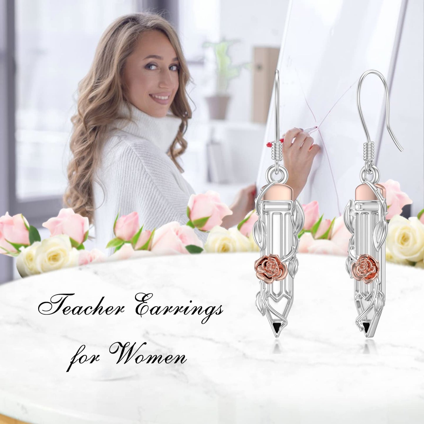 PROESS Graduation Gifts Teacher's Earrings 925 Sterling Silver Pencil Earrings for Women Funny Pencil Drop Dangle Earrings for Teachers Students Back to School Gifts