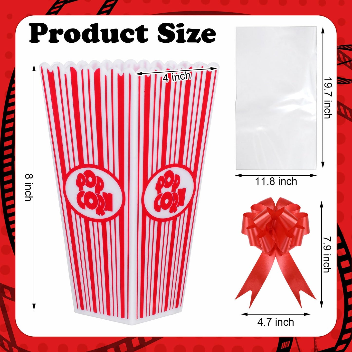 Engrowtic 6 Pack Movie Night Gifts Baskets Plastic Popcorn Box Containers with Bags and Bows for Holiday Movie Lover Wedding Birthday Party Favors DIY Kits