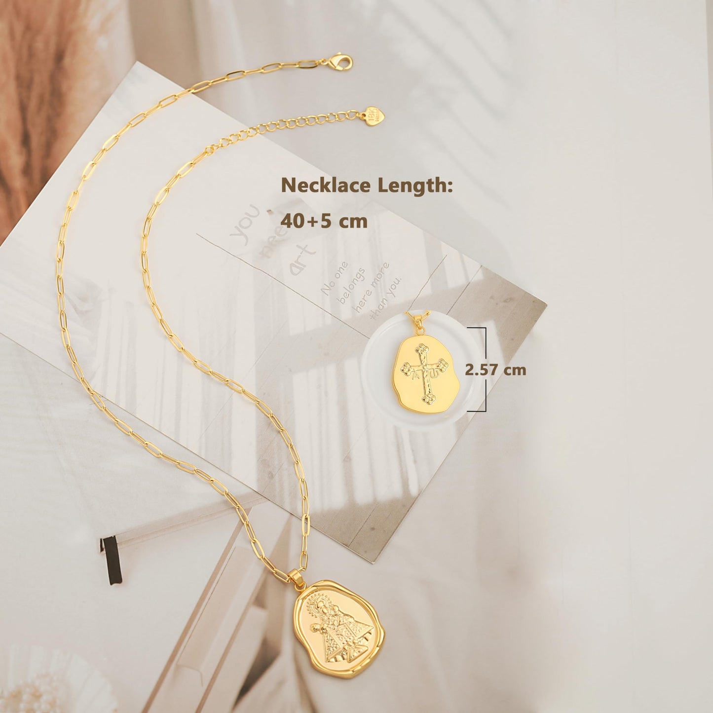 CANEVINKA 18k Gold Plated Virgin Mary Pendant Necklace, Cross Faith Pendant Necklace Dainty Adjustable Paper Clip Chain, Minimalist Cross Jewelry for Women