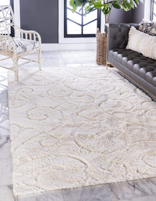Unique Loom Floral Shag Collection Area Rug-Carved, 8 ft x 10 ft, Ivory