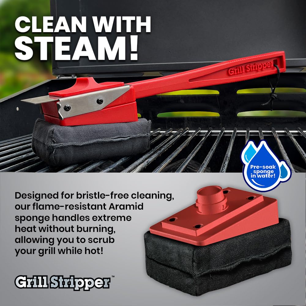GRILL STRIPPER Bristle Free Grill Brush For Outdoor Grill - Steam Grill Brush Bristle Free with Patent Pending Triple Scraper and Dishwasher Safe Replaceable Fire Resistant Steam Sponge