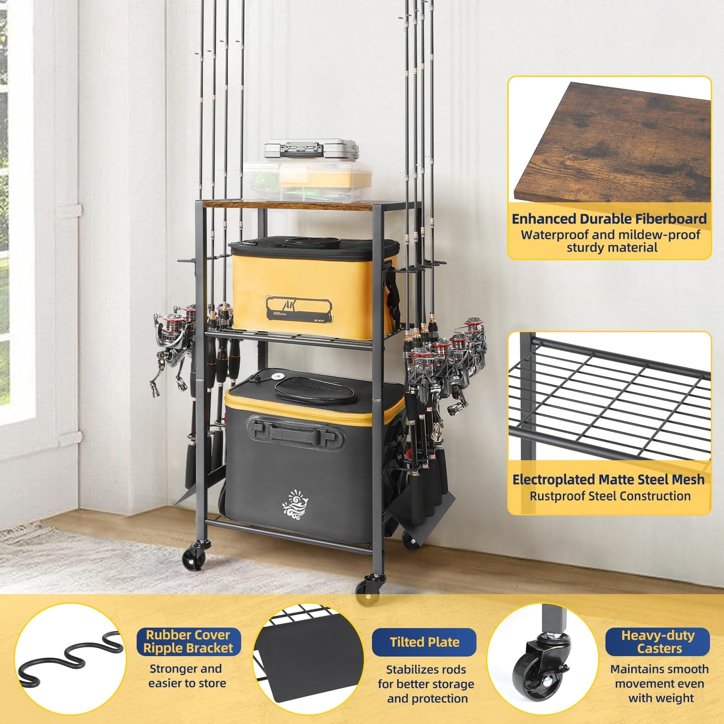 Olakee Fishing Rod Holder Cart for Garage & Home – Rolling Fishing Pole Organizer with Wheels, Holds 8 Rods, Tackle Storage Rack for Entryway, Corner, Gift for Men & Dad Anglers