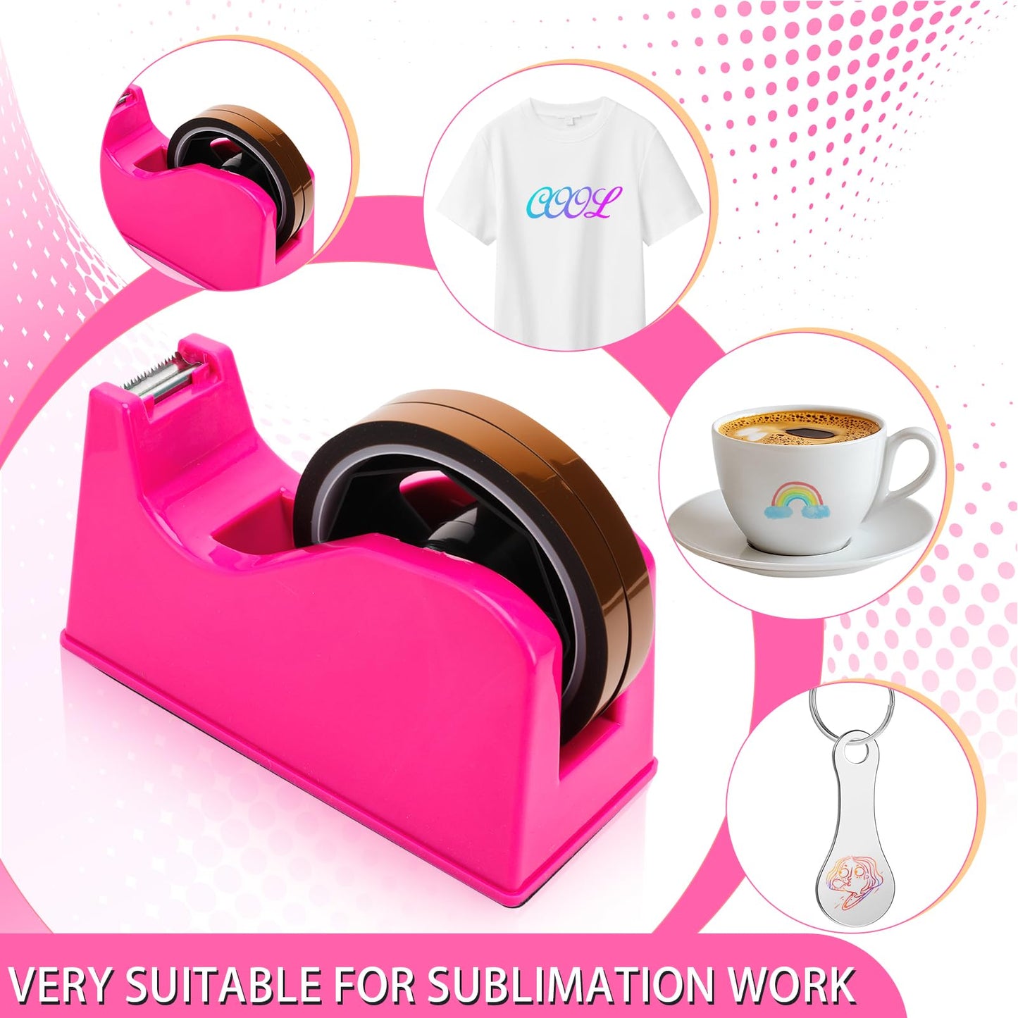 libfrnt 12 Pcs Heat Tape Dispenser Set, Sublimation Tape Dispenser Heat Resistant Gloves with Silicone Bumps 6 Pcs Heat Tape for Sublimation Mini Cutter Measuring Ruler Scissor for Office Home, Pink