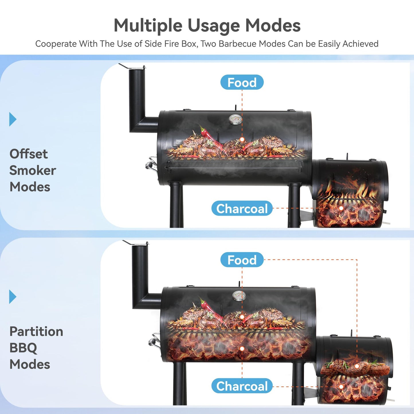 GREEN PARTY Offset Smoker Charcoal Grills with 28 Inch Cook Chamber, Barrel Smoker and Charcoal Grill Combo, 512 Sq. In. Space Barrel Smoker Grill for Outdoor BBQ Patio Backyard Cooking
