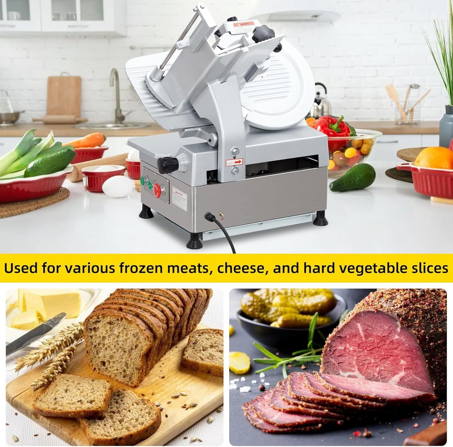 180W+370W Dual Power 110V/60Hz Commercial Electric Meat Slicer – 12" (300mm) Stainless Steel Removable Blade, 0-7mm Adjustable Thickness Deli Slicer for Home & Restaurant